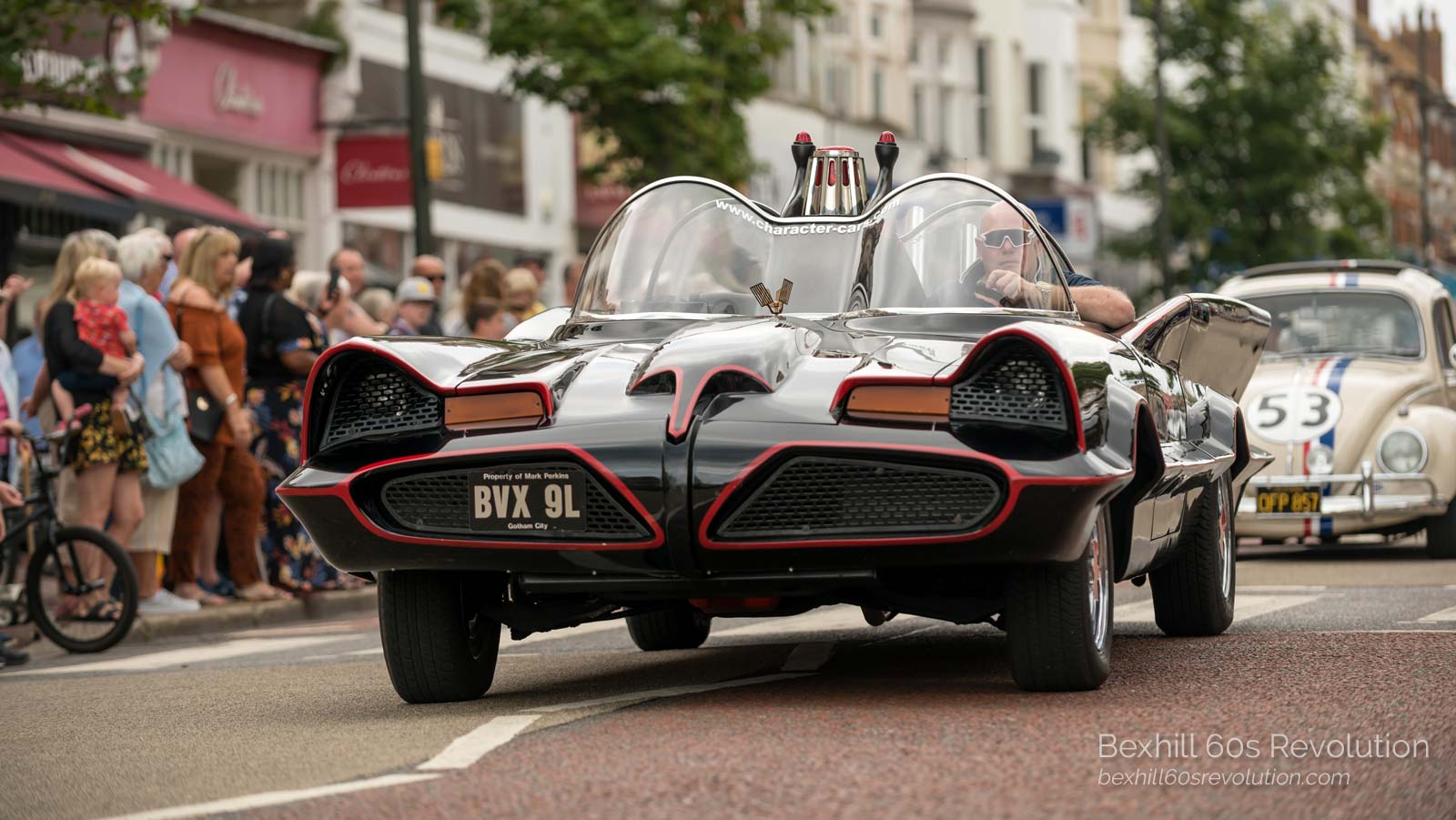 the Batmobile and Herbie at the Bexhill 60s Revolution