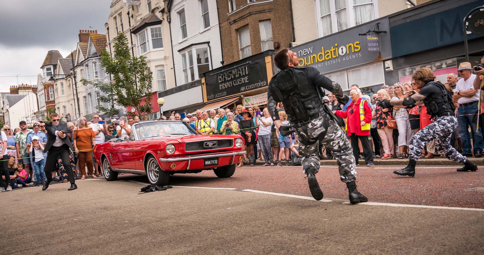 Bond stunt action in Bexhill Town Centre